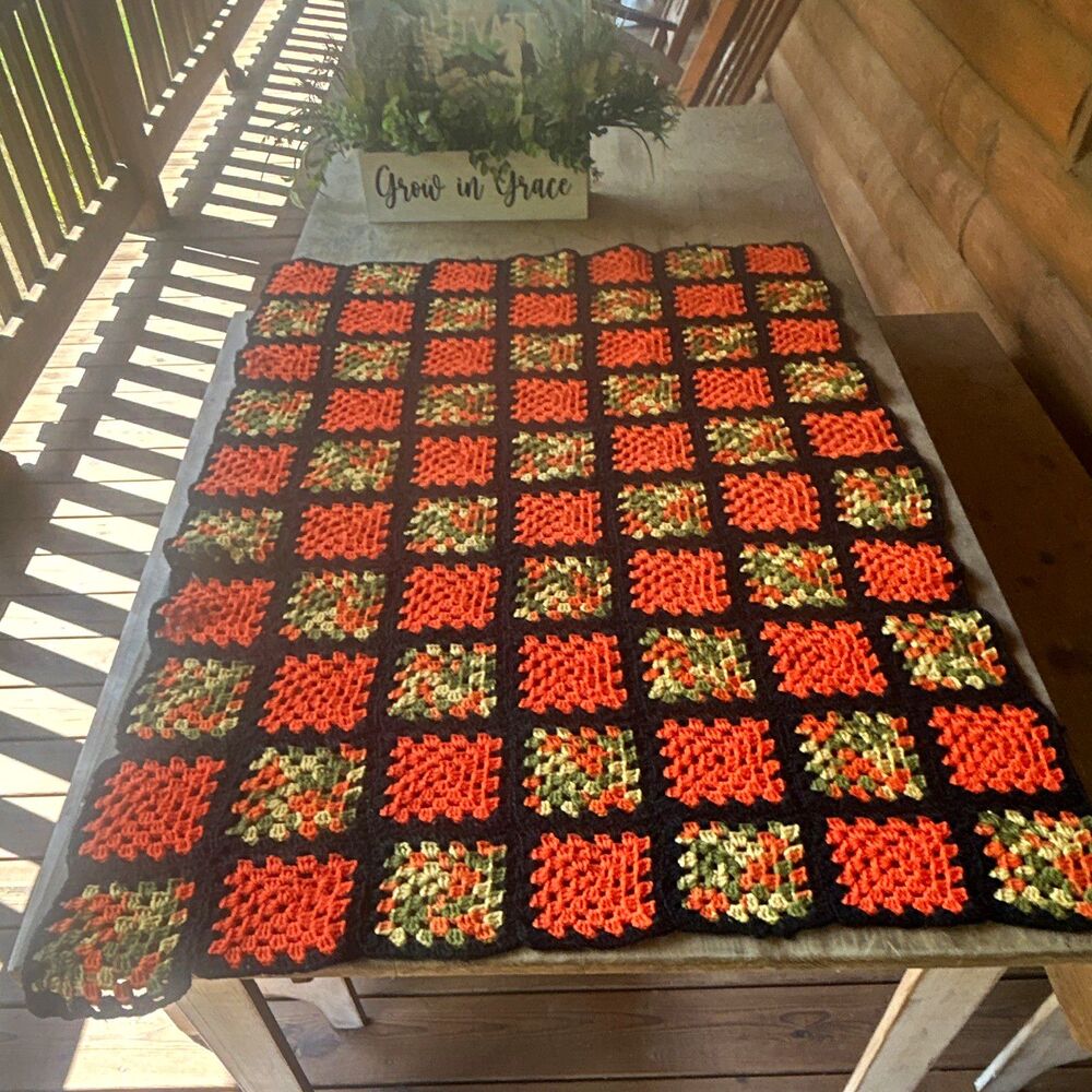 Vintage 70s Crochet Granny Square Afghan Blanket Lap Throw Earth Tone 32x46